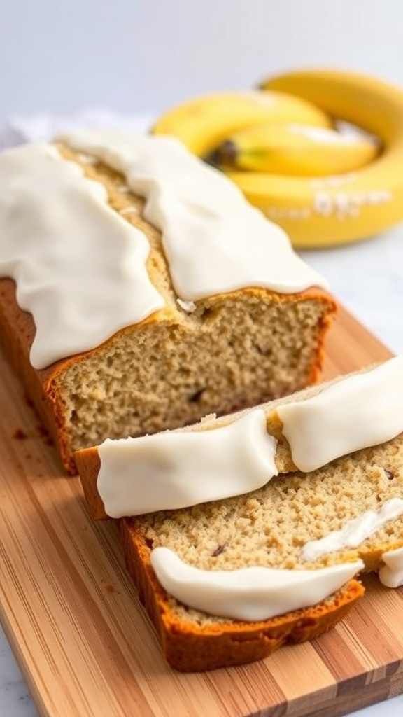 Banana bread loaf topped with cream cheese icing, sliced on a wooden board with bananas in the background.
